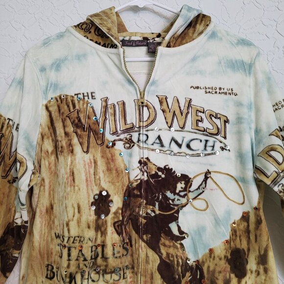 French Postcards The Wild West Ranch Sequined Velour Zip Up Hoodie Size Medium - Picture 7 of 14